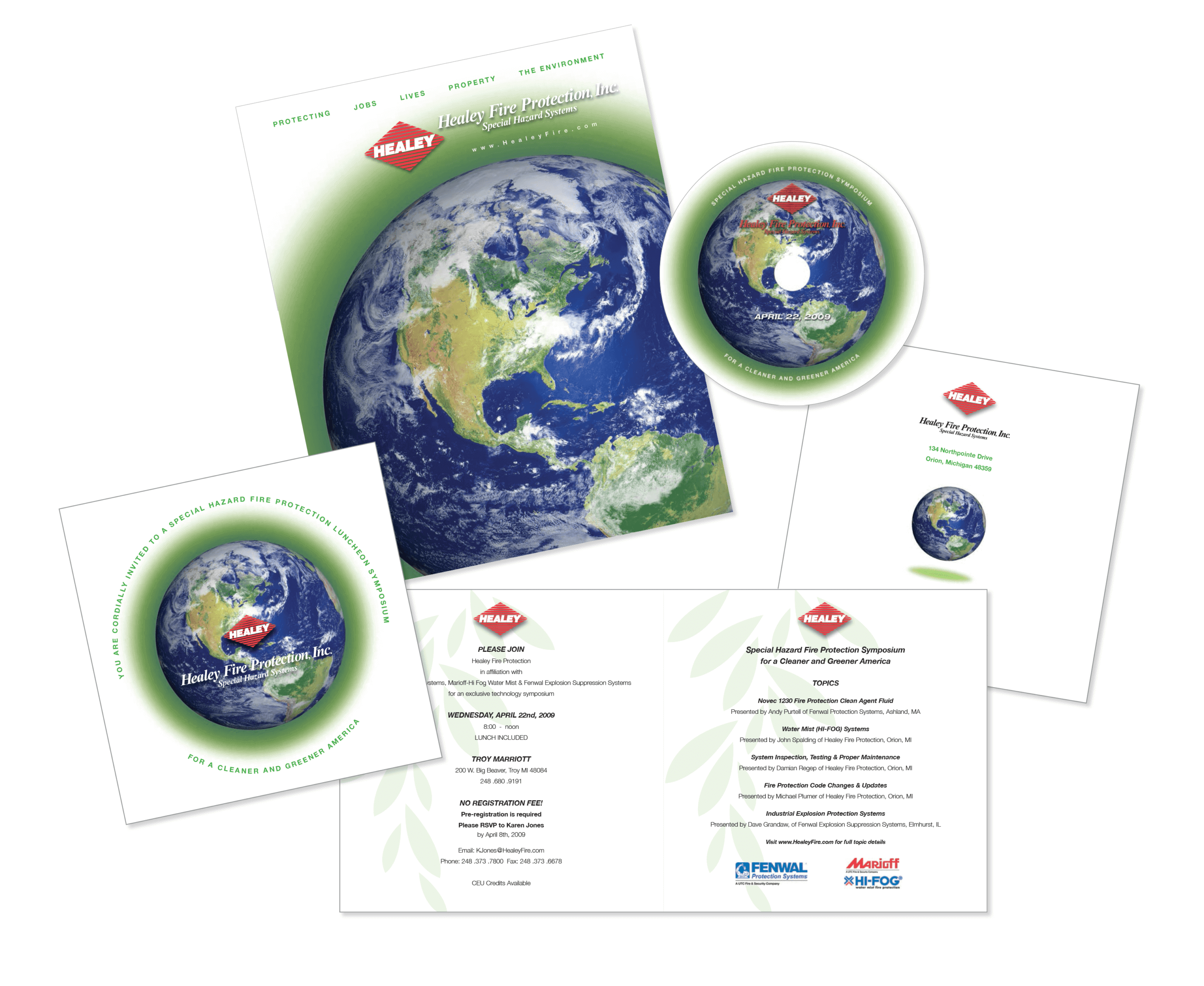 healey_portFolio Healey Fire Protection Earth Day Event - summit and meeting with invitation, interactive CD, program and pocket folder
