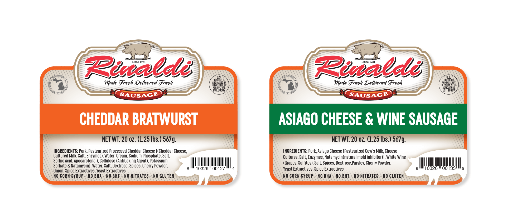 Packaging design, Rinaldi label Cheddar Bratwurst Asiago Cheese & Wine Sausage