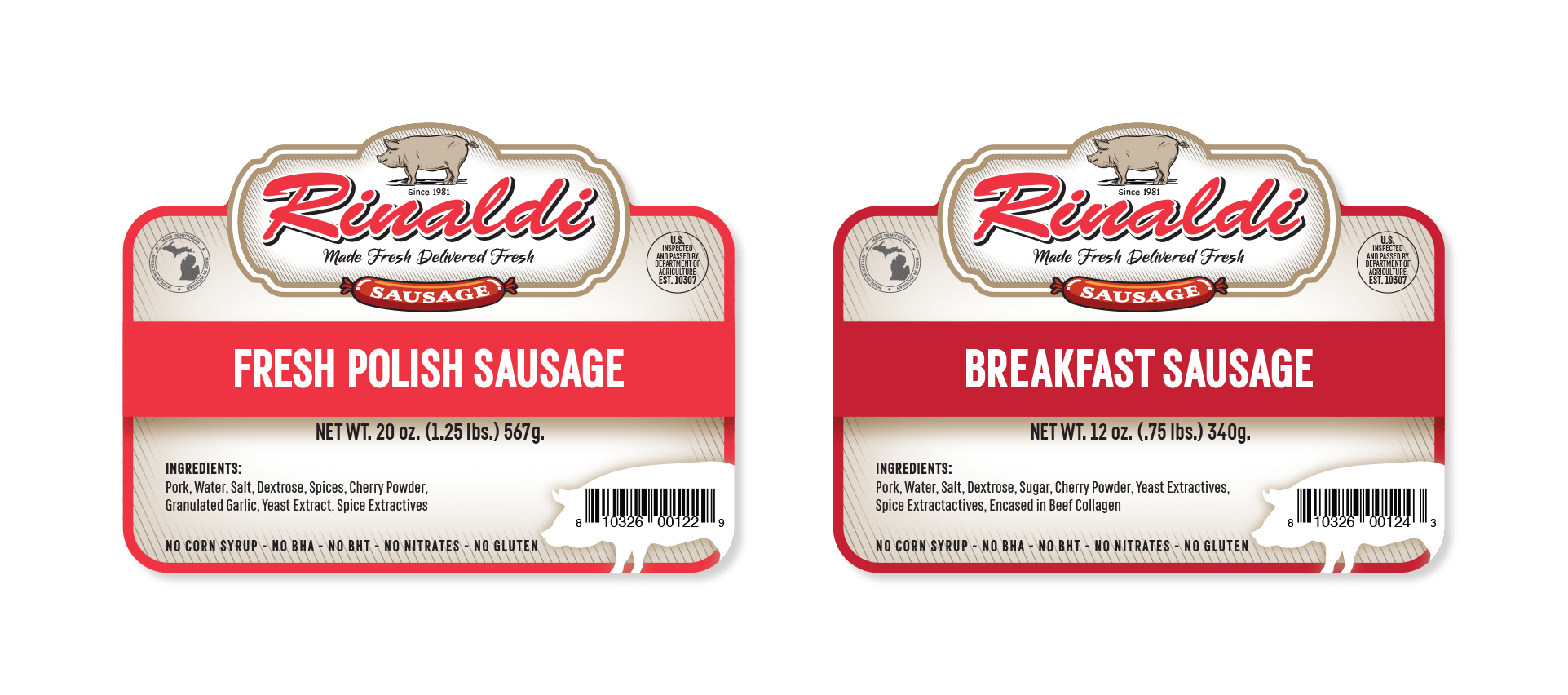 Rinaldi label Fresh Polish Sausage and Breakfast Sausage