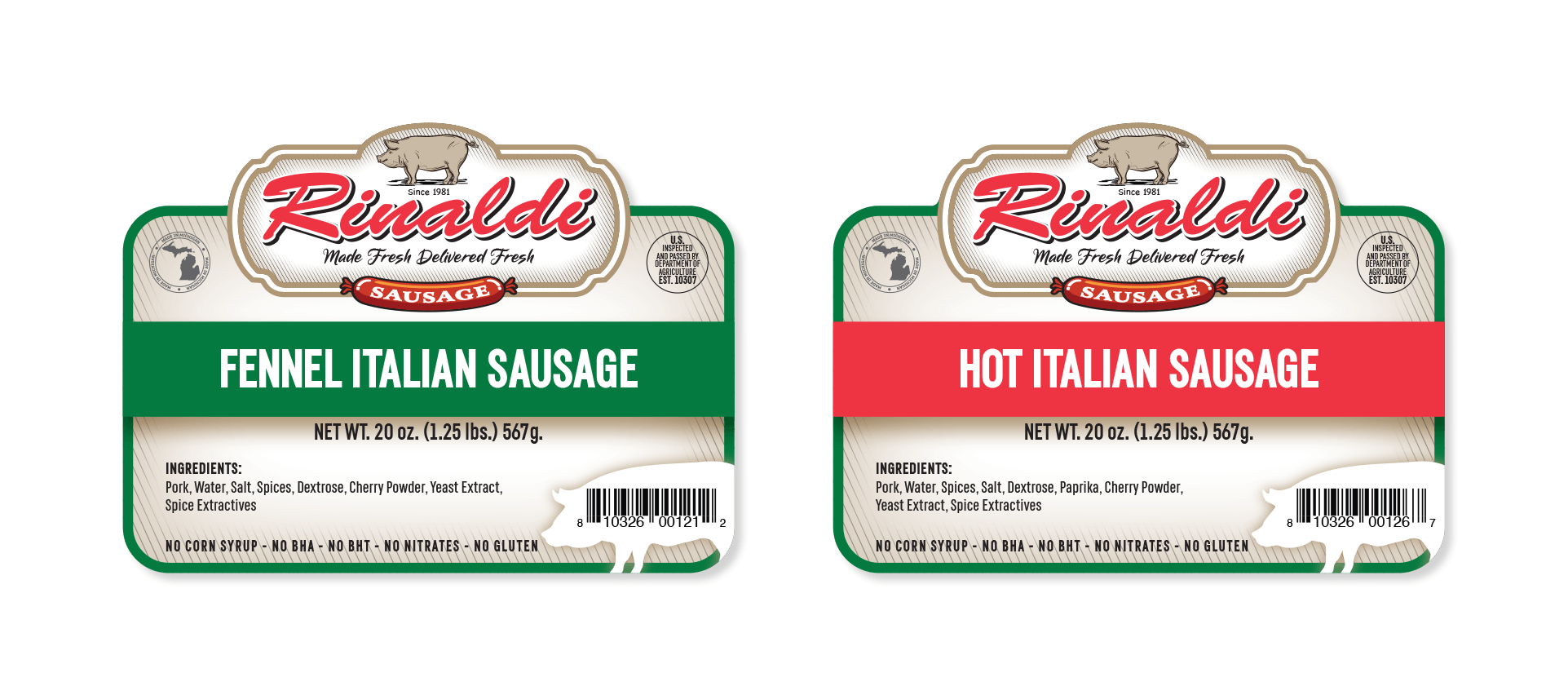 Packaging design, Rinaldi label Fennel Italian Sausage and Hot Italian Sausage