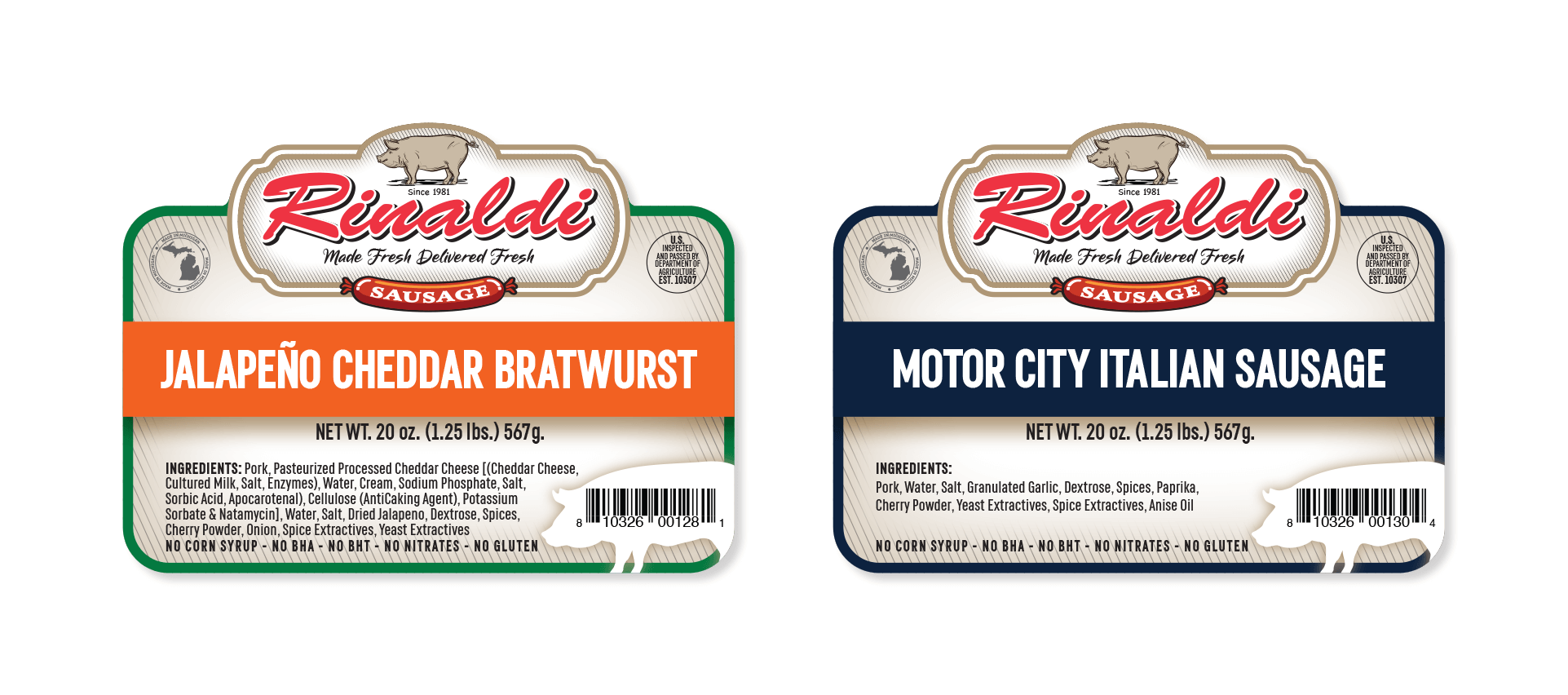 Rinaldi label Jalapeno Cheddar Bratwurst and Motor City Italian Sausage