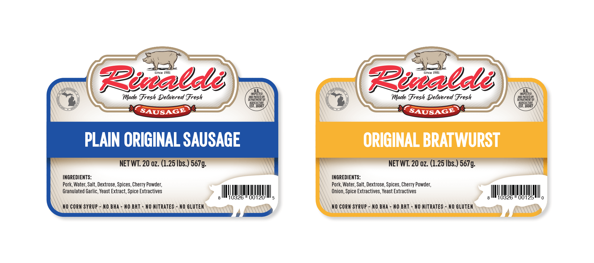 Packaging design, Rinaldi label Plain Original Sausage and Original Bratwurst