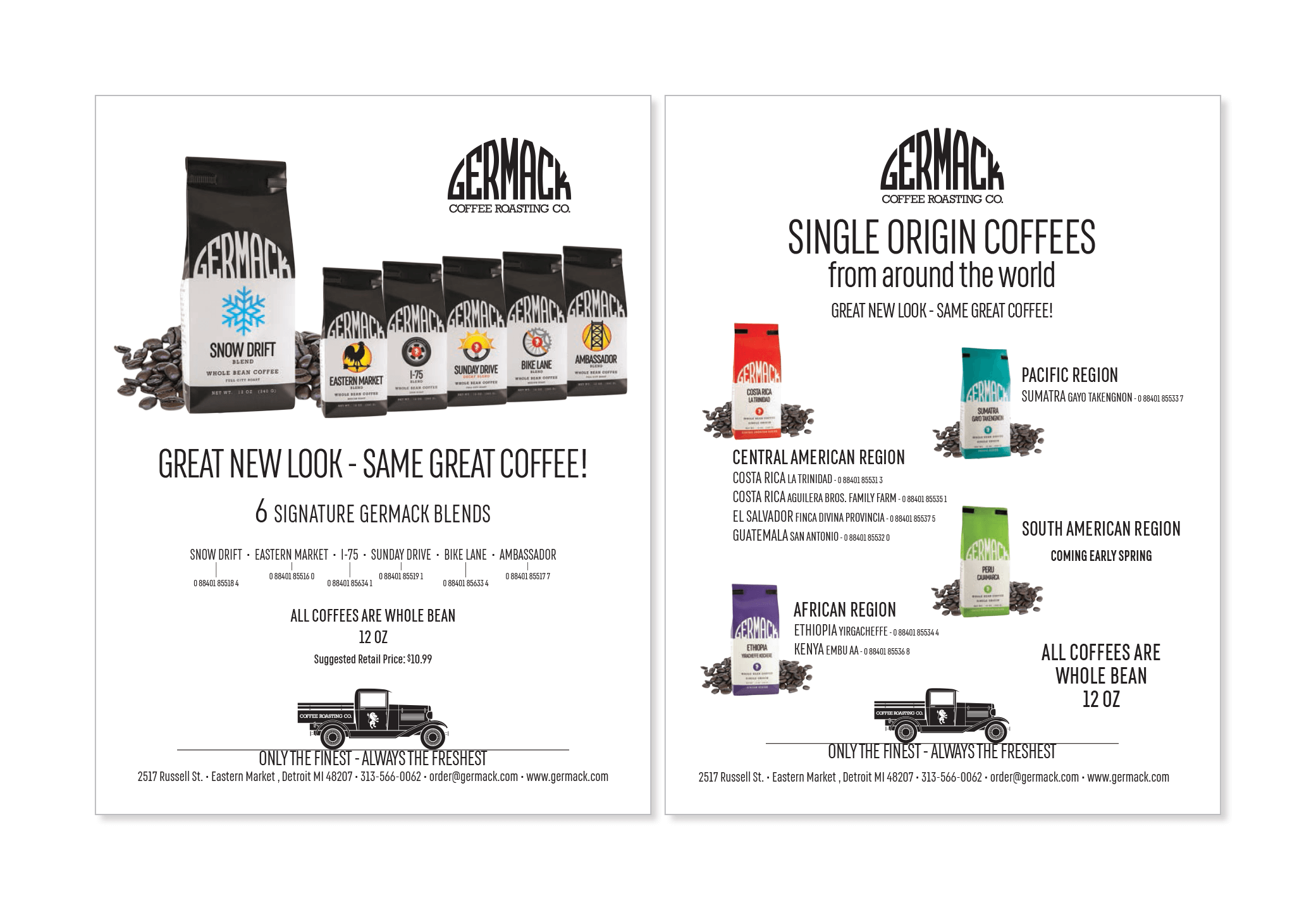 Germack Coffee new packaging announcement and single origins flyers