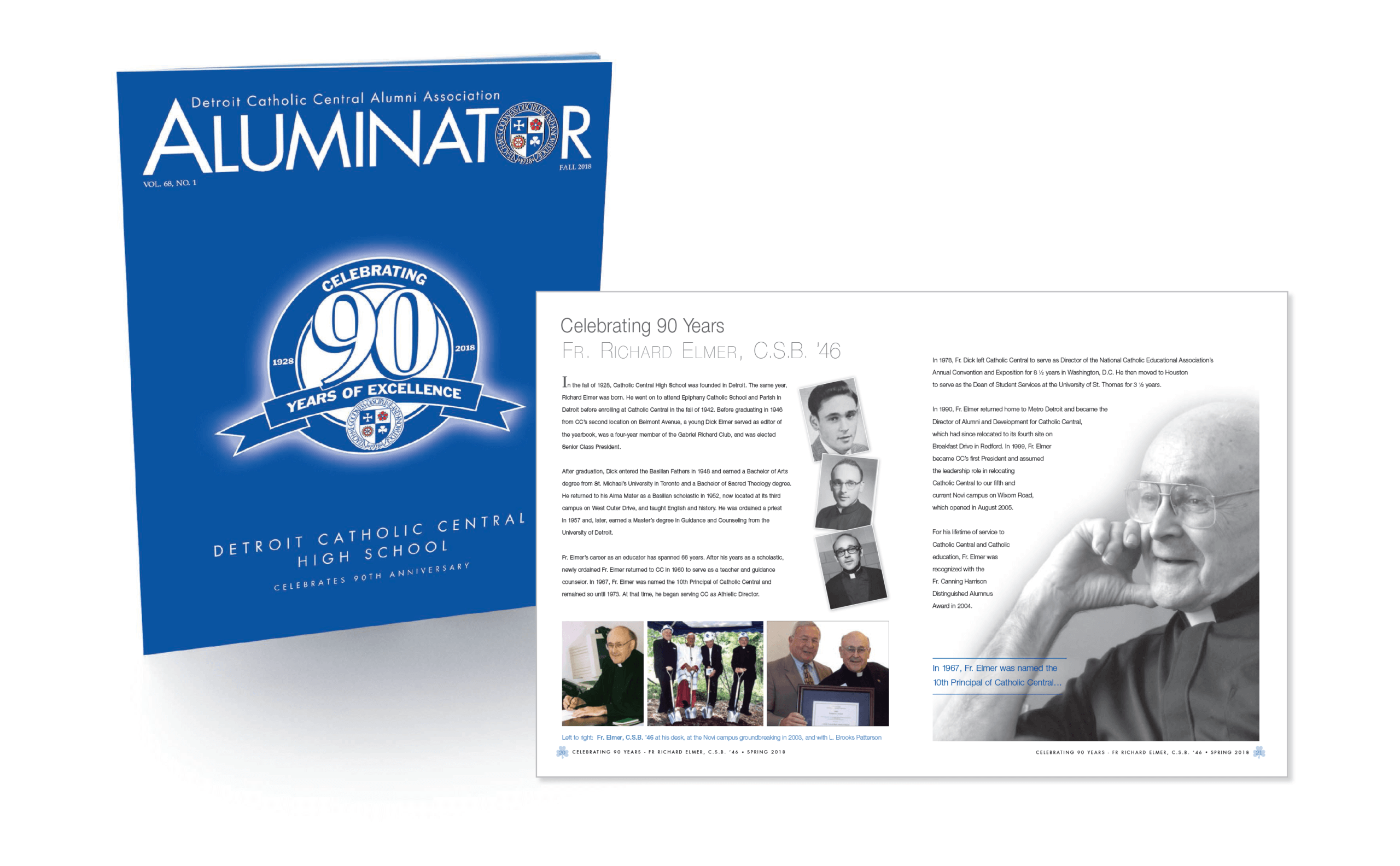 Aluminator magazine fundraiser event invitation issue with 90th logo and Fr. Elmer, CSB '46 on the cover