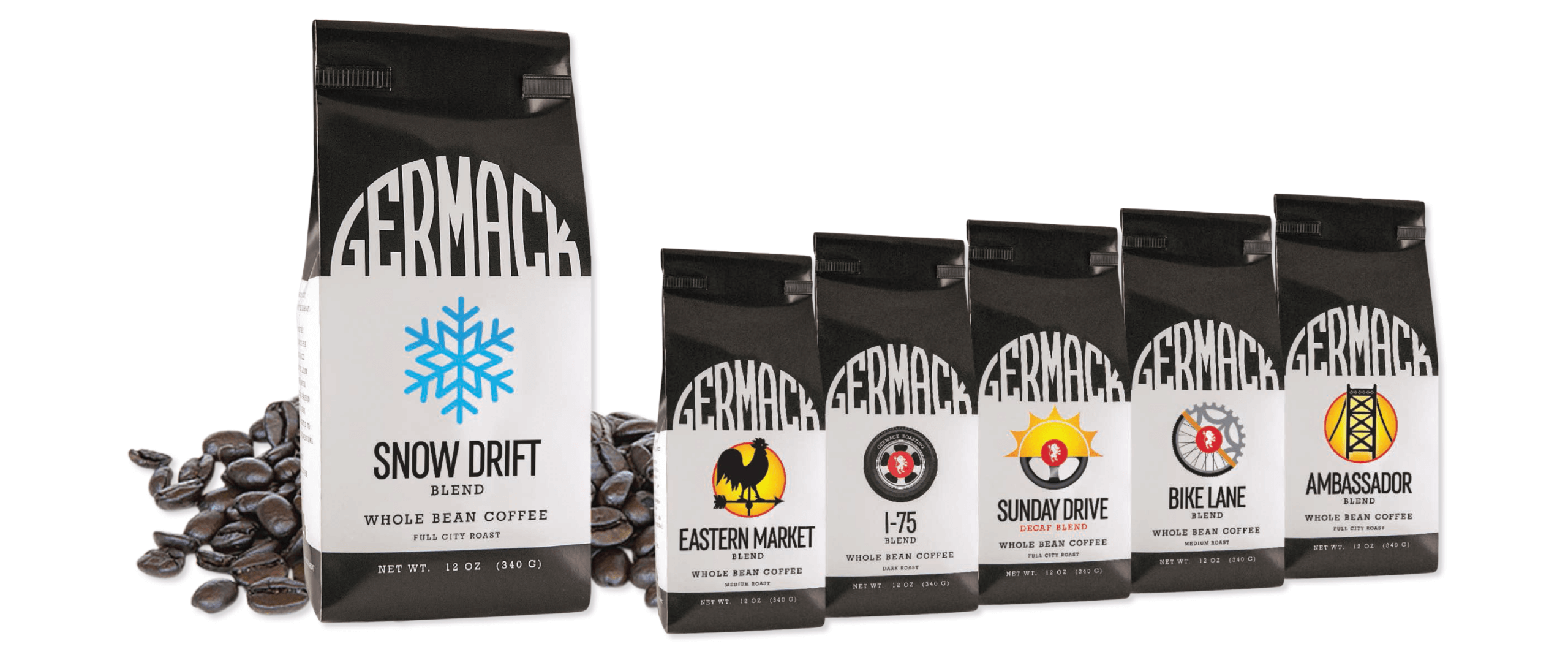 Germack Coffee brand packaging entire line of flavored blends
