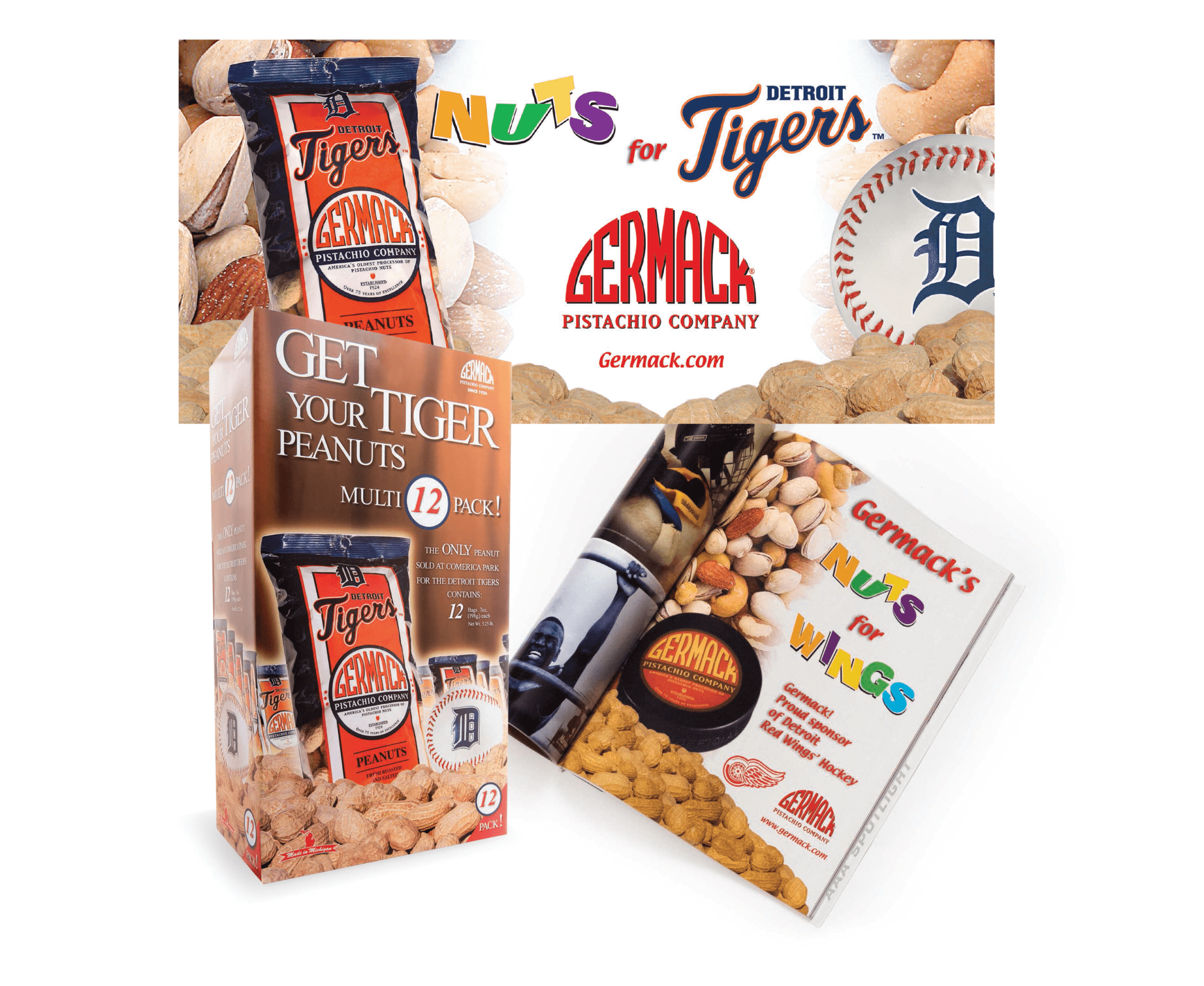 Award-winning packaging for Germack peanuts showing multi-pack box, banner and hockey ad
