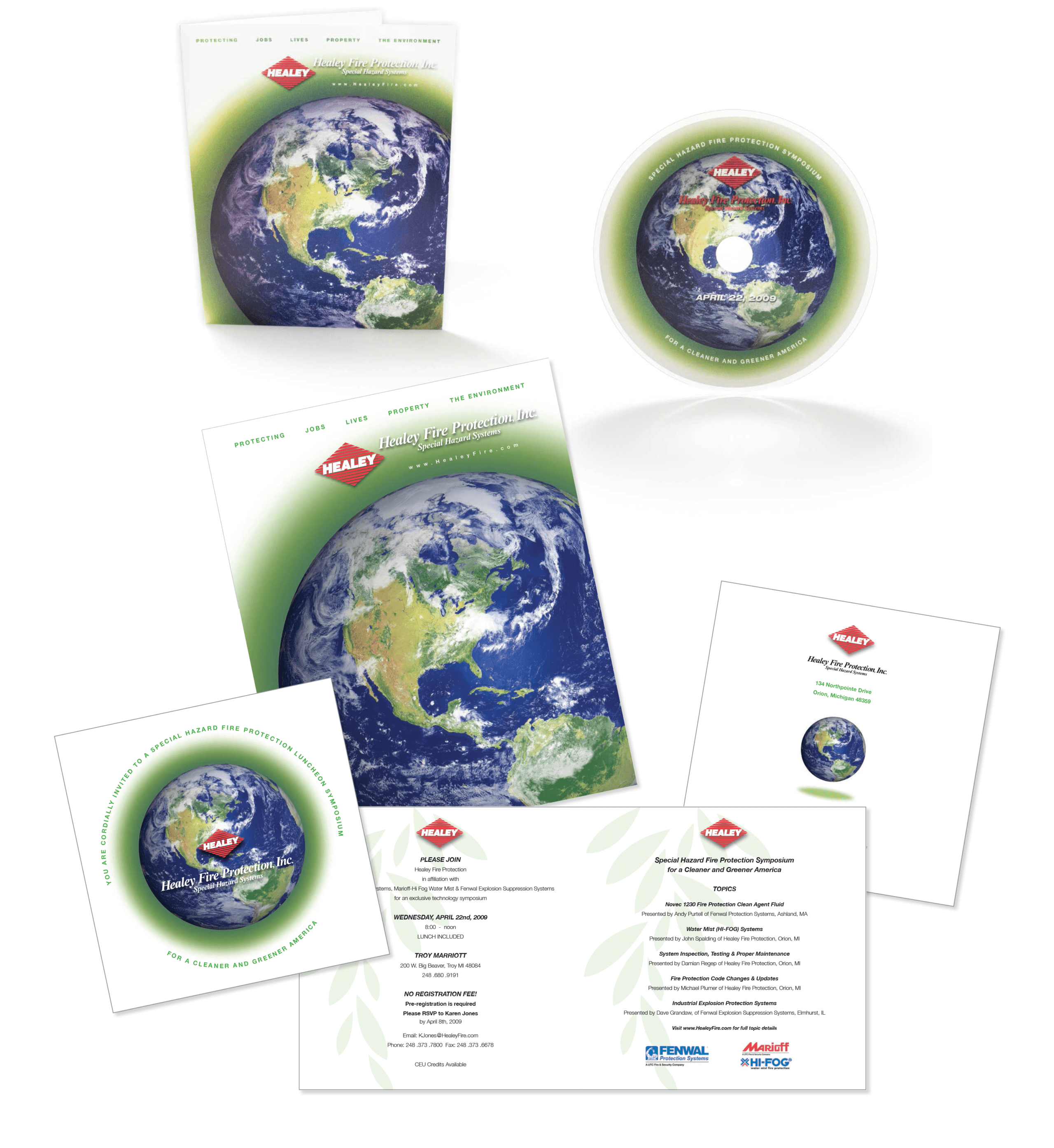Environmental Sustainability Graphics for Healey Fire Protection Symposium Event - pocket folder, CD invitation and event program