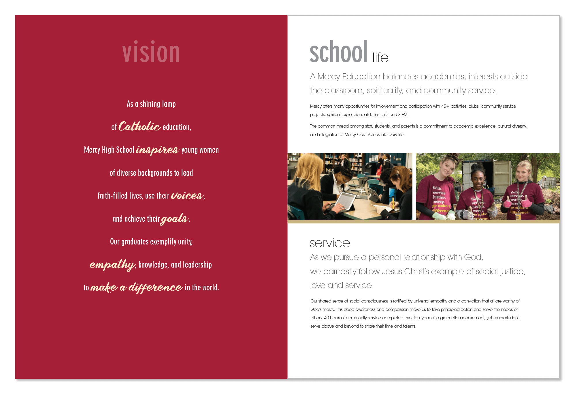admissions brochure vision and school life pages