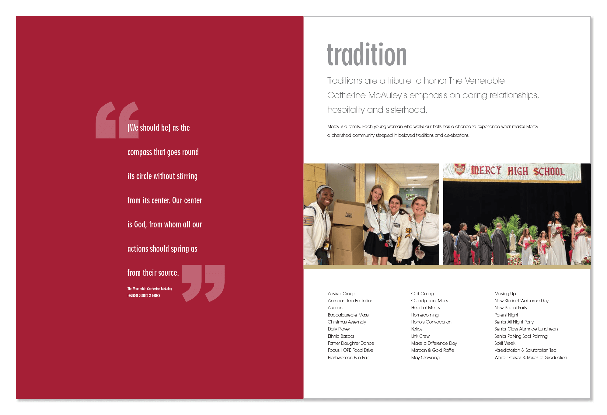 corporate identity for admissions brochure McAuley quote and tradition pages