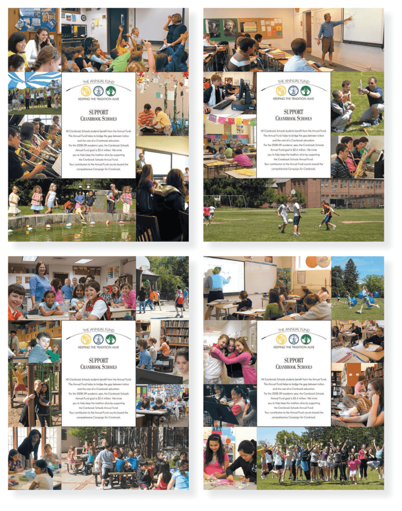 Cranbrook annual fund flyers for each school: Brookside, Kingswood, Cranbrok and all schools photography by Anne Ink