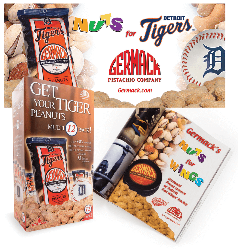 Award-winning packaging for Germack peanuts showing multi-pack box, banner and hockey ad