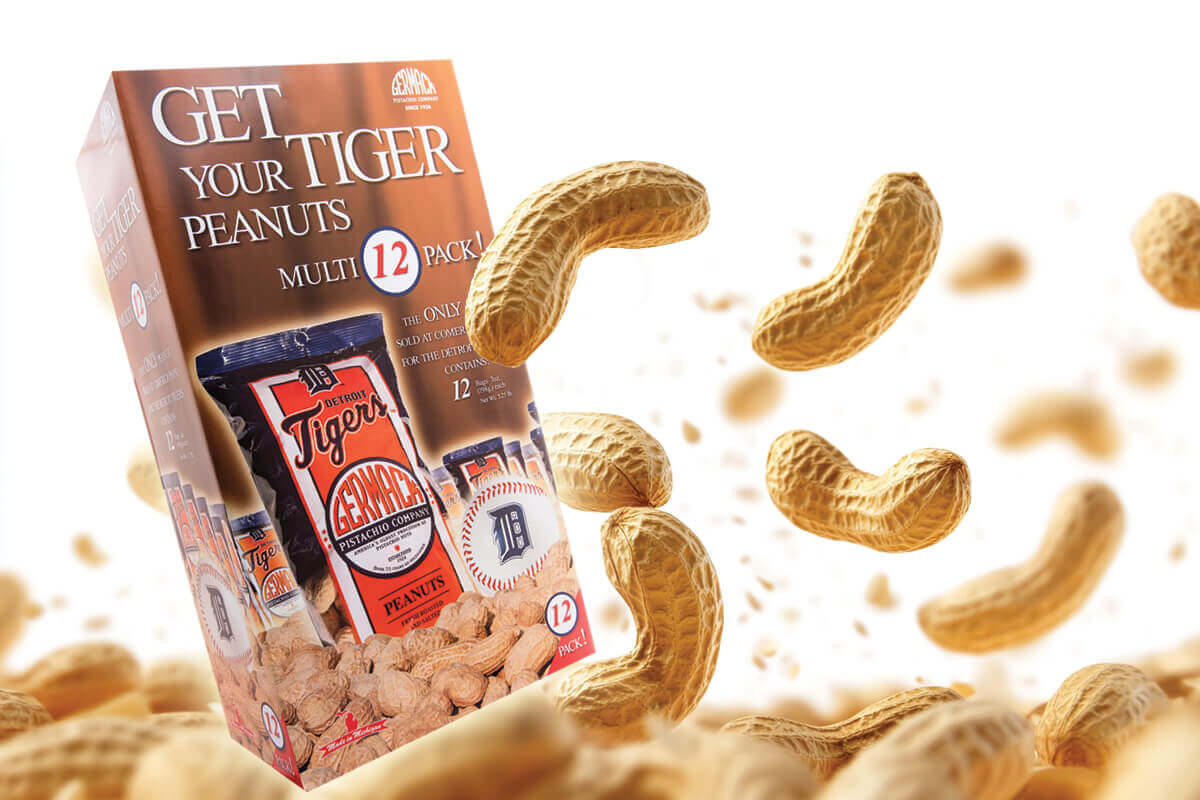 Germack_DetroitTigersBOX Detroit Tigers branded in-shell peanuts 12-pack box sold at Costco for award winning packaging for Germack Pistachio, Detroit, Michigan