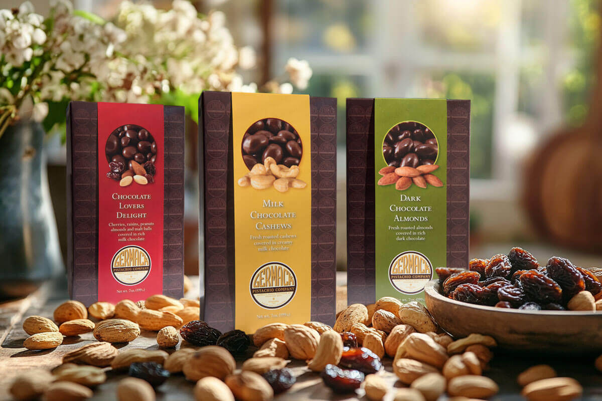 3_BOXESgermackCOM Germack Pistachio chocolate covered cashews, almonds and chocolate lovers delight in decorative gift boxes